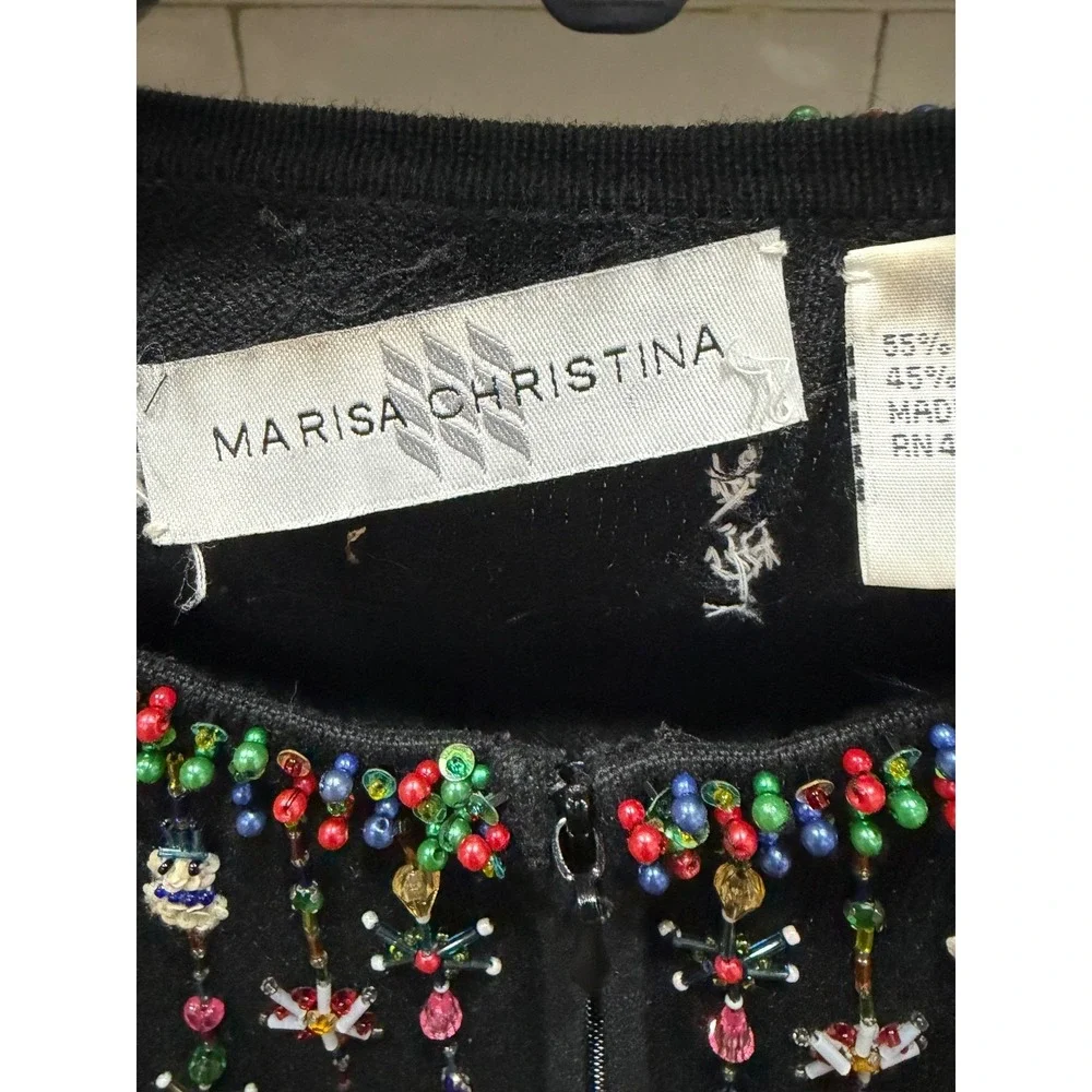 vtg marisa christina black embellished beaded‎ sweater zip front small
